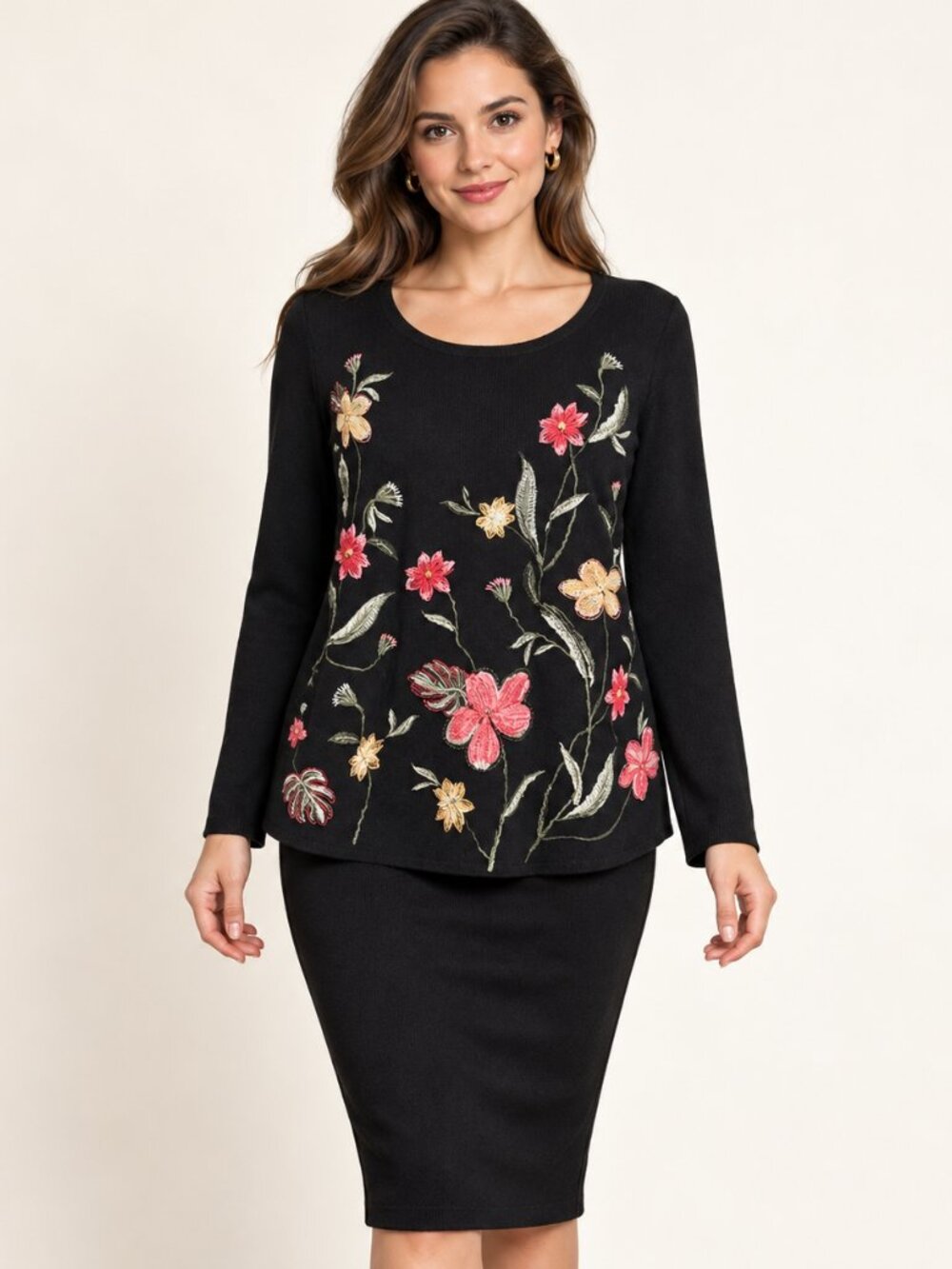 STYLE & CO Top Petite S P Black Pink Heavily Embroidered Long Sleeve Modern NEW